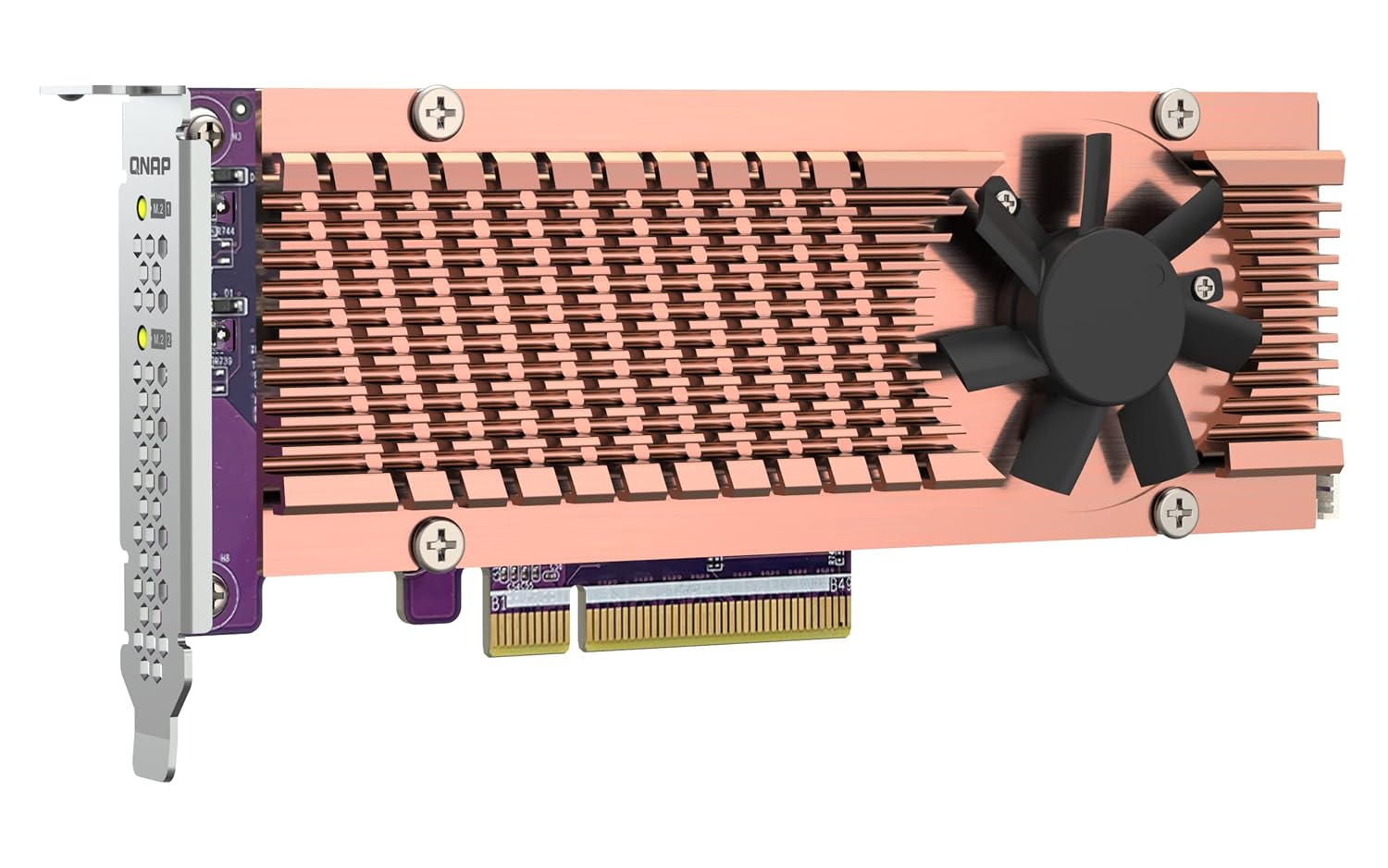 Computer graphics card with cooling fins and fan on a white background