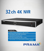 PRAMA 32-ch 4K NVR security camera recorder shown on a light gray textured background with blue text and a features box.