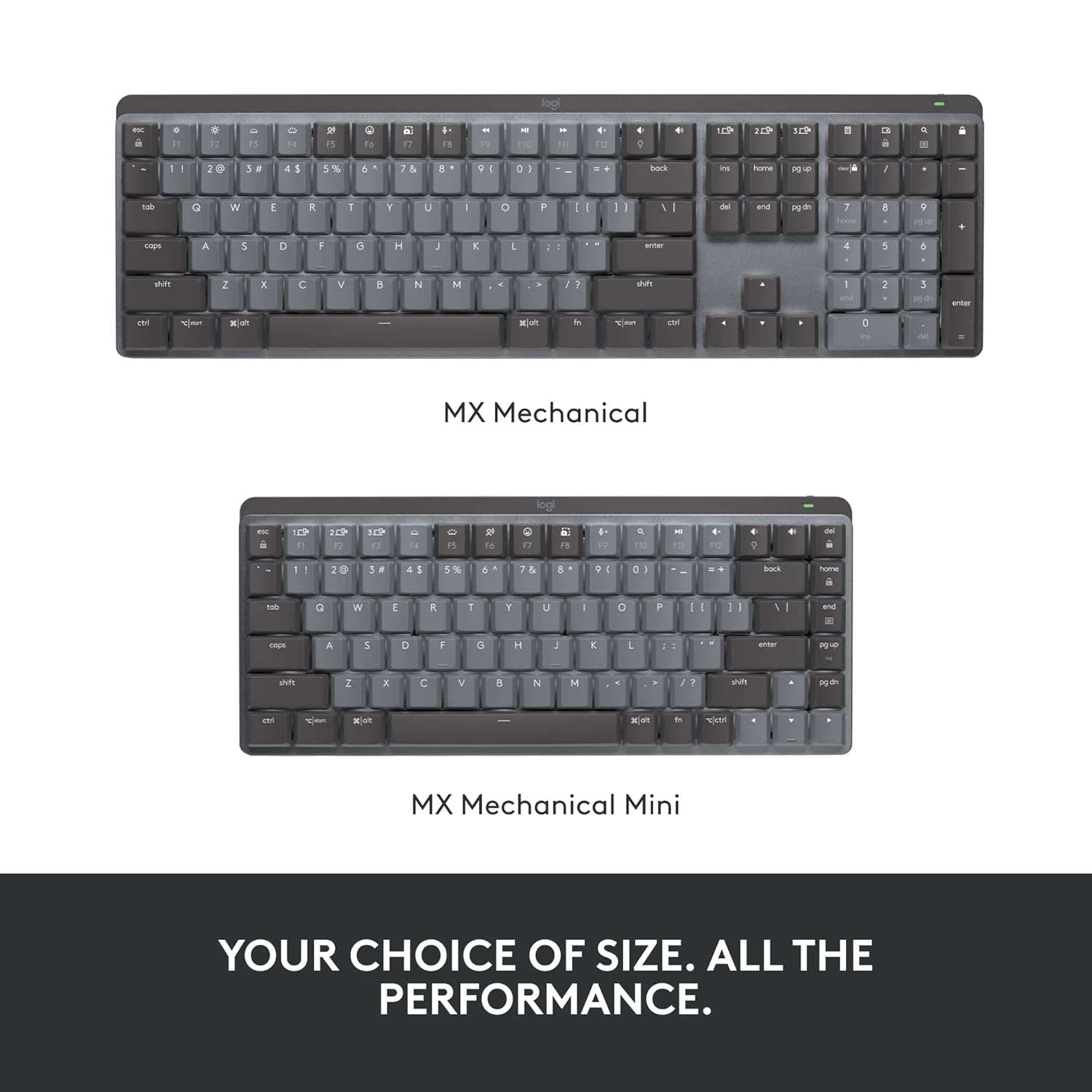 Two mechanical keyboards, one labeled 'MX Mechanical' and the other 'MX Mechanical Mini', on a white background.