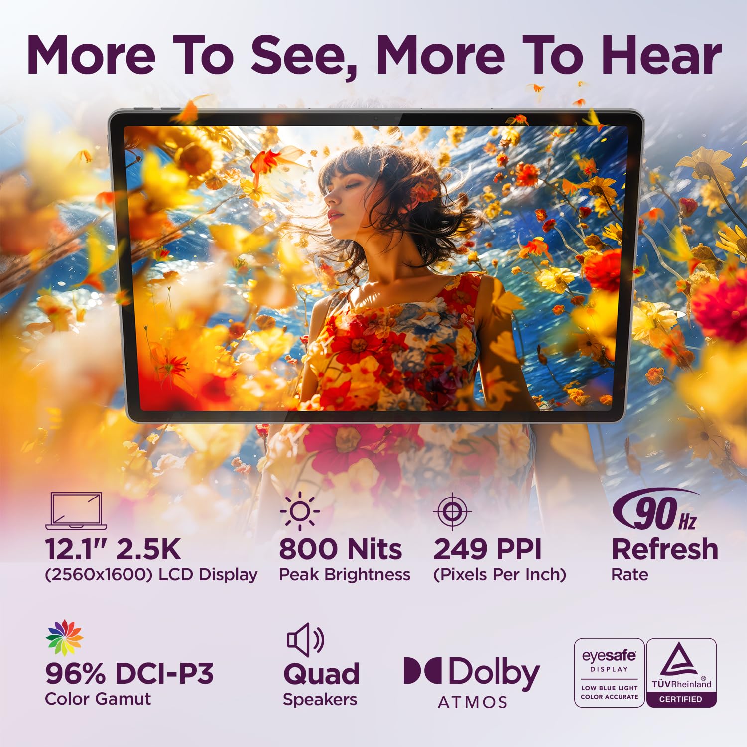 Tablet with colorful display showing a woman, surrounded by abstract art, with technical specifications below.