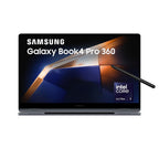 Samsung Galaxy Book4 Pro 360 laptop shown closed from the front on a white background, with the screen on and displaying the product name, Intel Core Ultra 7, and a stylus resting on the right side.