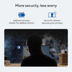 Person using a computer with privacy features highlighted, including webcam privacy shield and AI camera security.