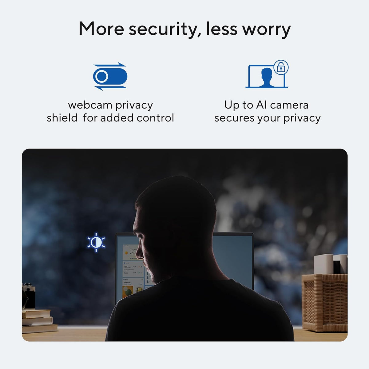 Person using a computer with privacy features highlighted, including webcam privacy shield and AI camera security.