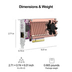 Technical product dimension diagram showing a PCIe network card with a copper-colored heatsink and black fan, labeled with measurements of 2.71 in height, 6.