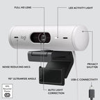 Logitech webcam with labeled features on a gray background