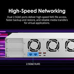 Network Attached Storage (NAS) device with high-speed networking features on a black background