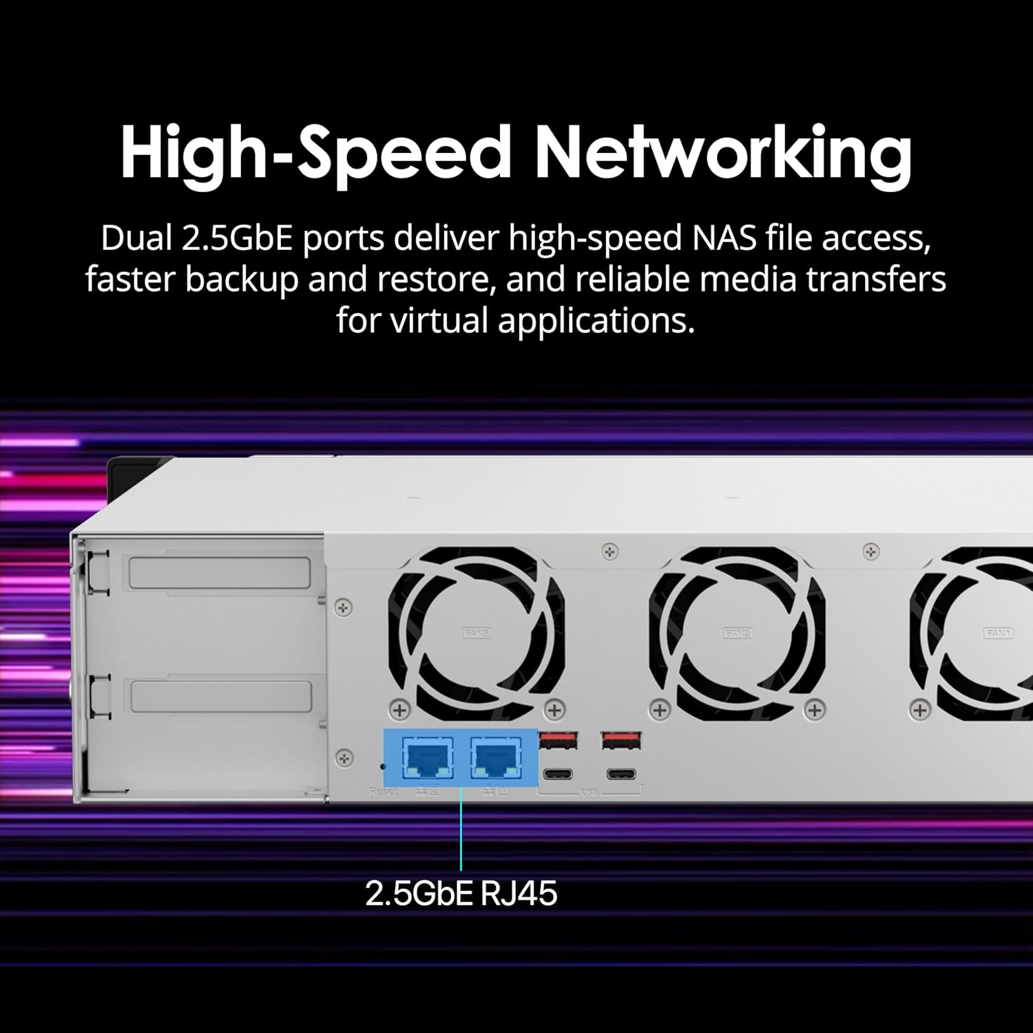 Network Attached Storage (NAS) device with high-speed networking features on a black background