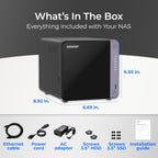 QNAP NAS device with included items listed on a white background