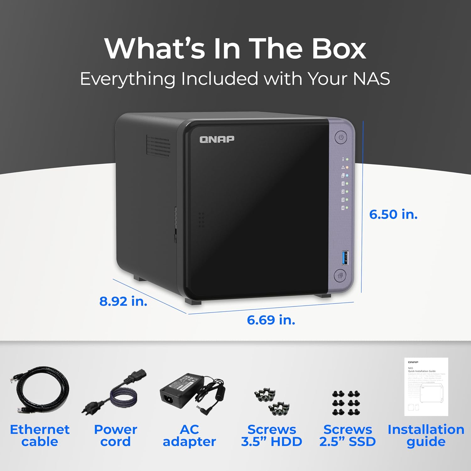 QNAP NAS device with included items listed on a white background