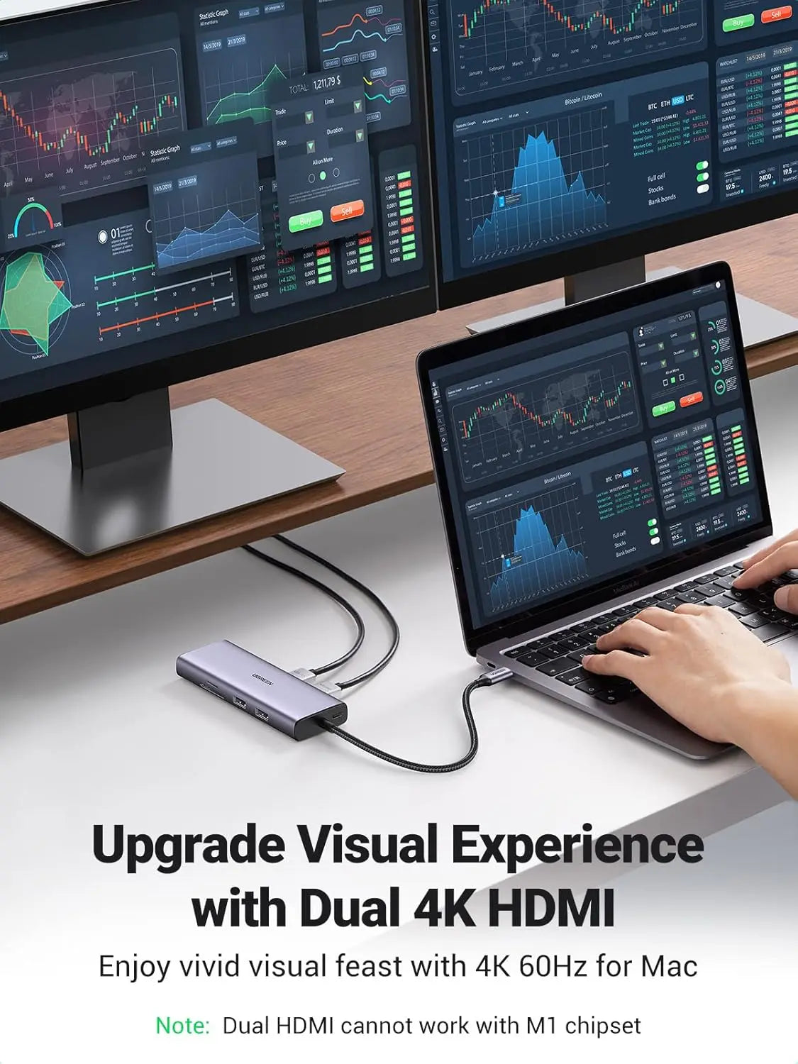 UGREEN 9-in-1 Dual HDMI USB-C Dock USB 2.0 2 USB 3.0 RJ45 1000M USB C PD 60W 2 HDMI 4K 60Hz SD/TF MacBook Dell XPS (90119)