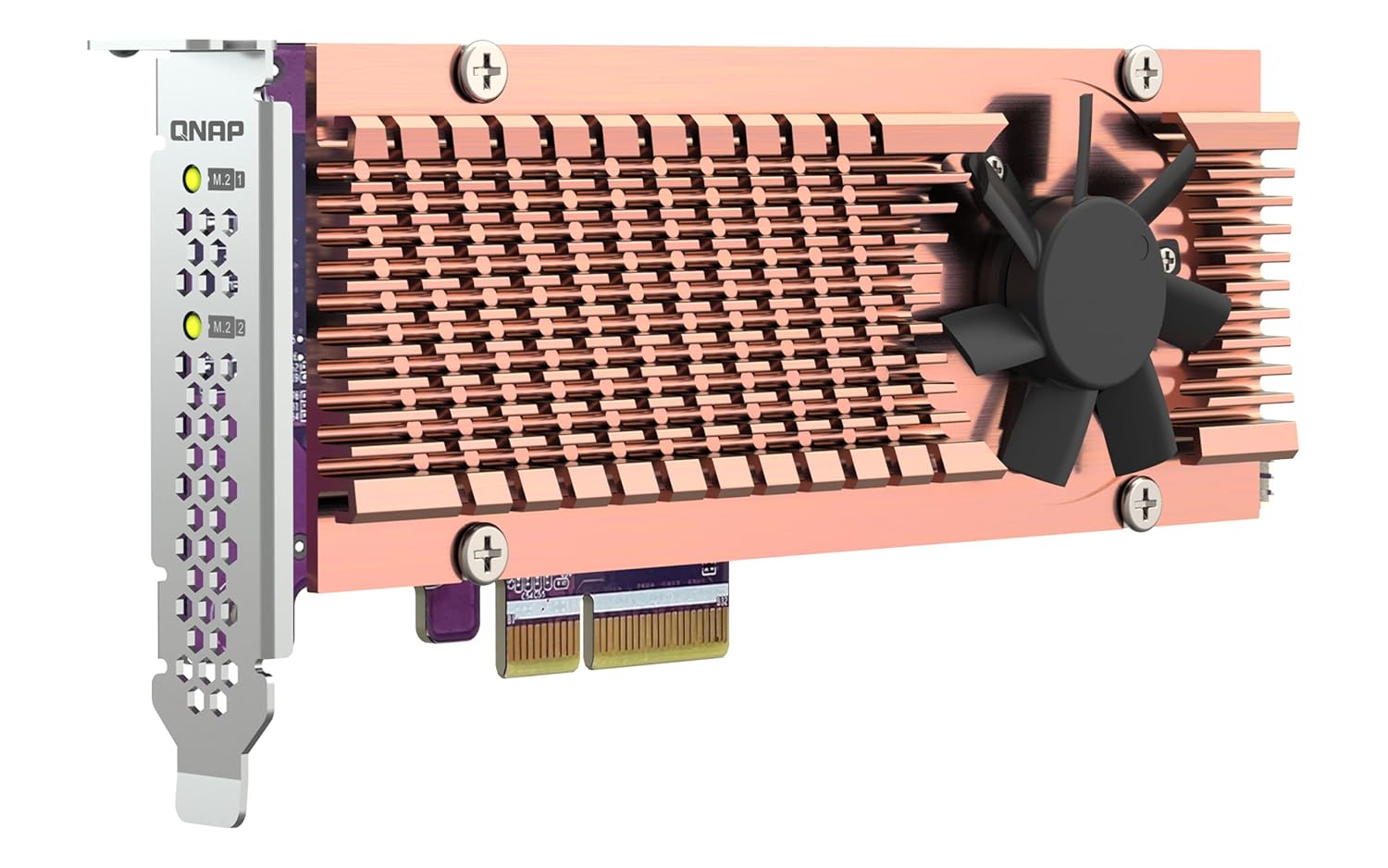 Computer hardware component with cooling fan on a white background