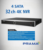 PRAMA 4 SATA 16ch 4K NVR security camera recorder shown on a light gray textured background with blue text and a features box.