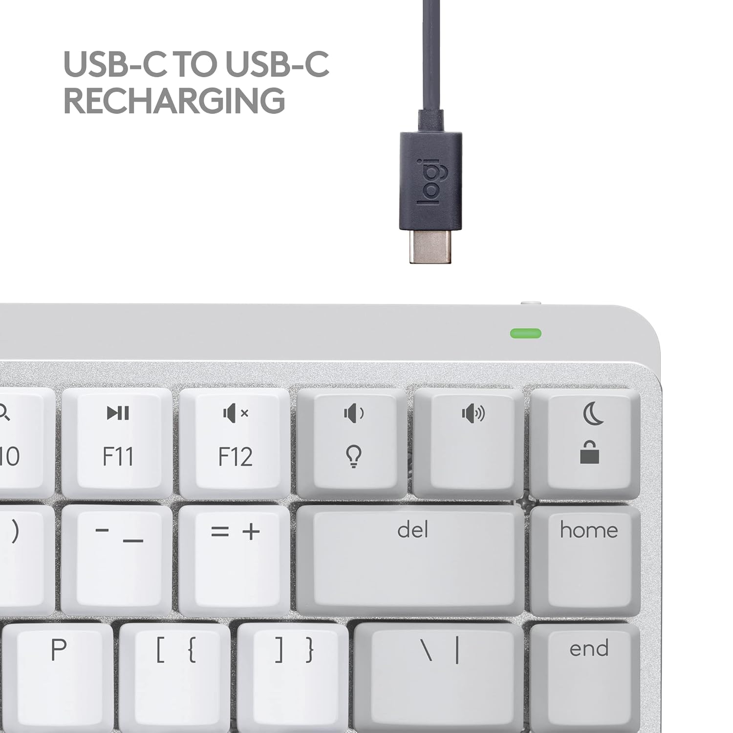 A Logitech USB-C to USB-C charging cable shown above a white keyboard on a light gray background, with the text 'USB-C TO USB-C RECHARGING' at the top left.