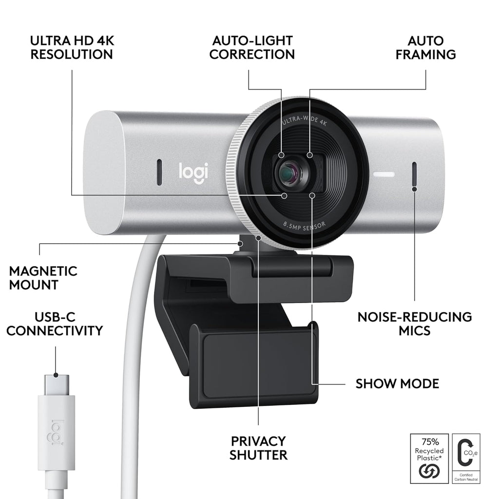 Logitech Master Series MX Brio 4K Ultra HD USB-C Collaboration and Streaming Webcam with Dual Mics - Pale Gray