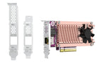 A PCI Express network card with a copper heat sink and black fan, shown alongside two white metal bracket adapters on a plain white background.