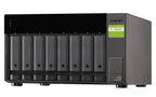 QNAP NAS device with multiple hard drive bays on a white background