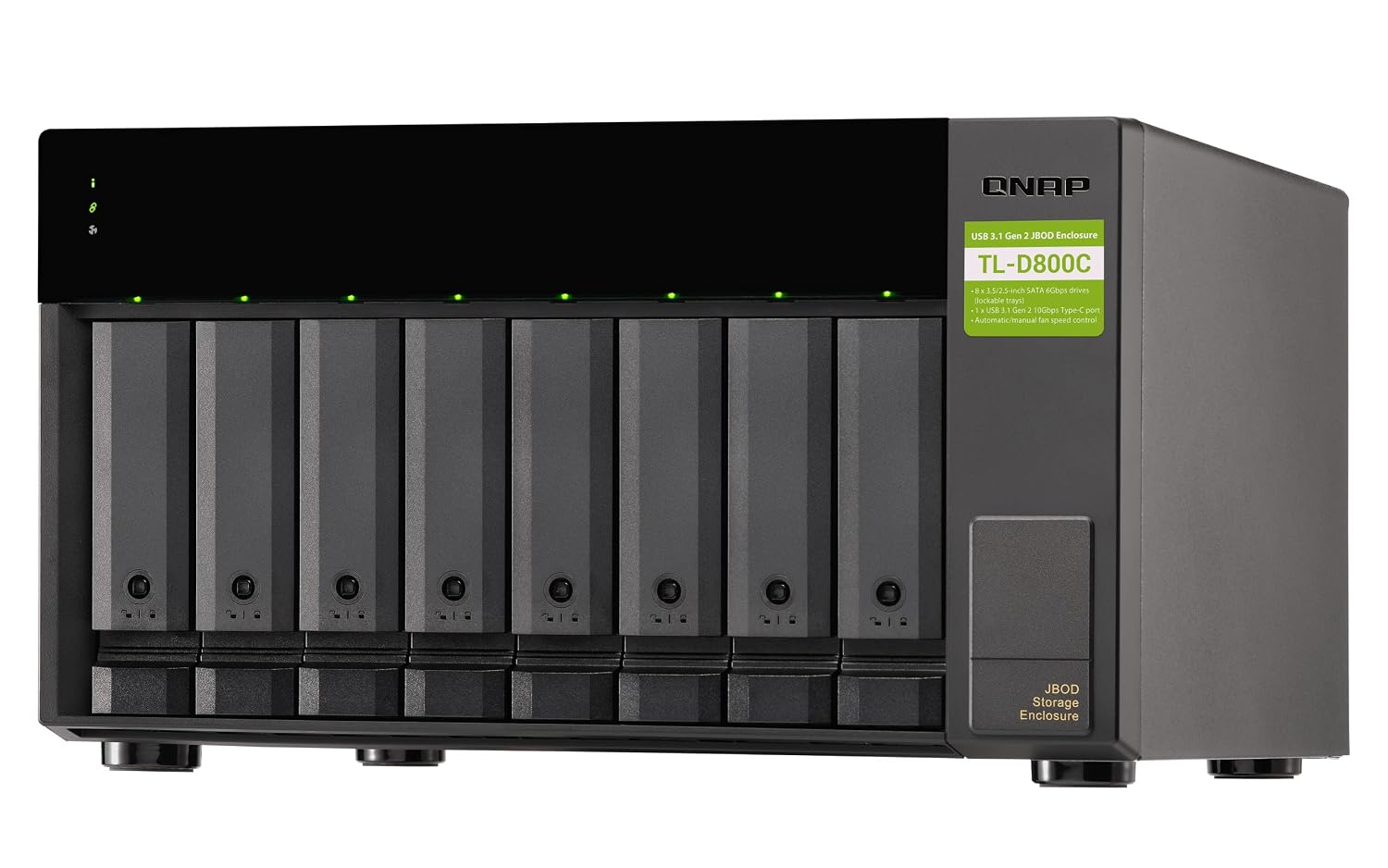 QNAP NAS device with multiple hard drive bays on a white background