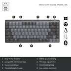 A dark gray mechanical keyboard shown on a white background with numbered callouts pointing to key features, plus feature icons and text including 'Works with macOS, iPadOS, iOS' and '47% Recycled Plastic'.