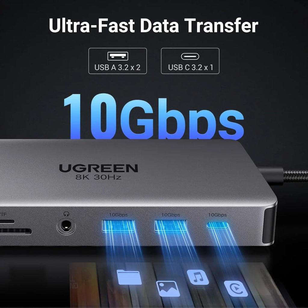 UGREEN 11-in-1 USB-C Hub Dual HDMI Docking Station 4K 60Hz 8K 30Hz 100W PD 10Gbps USB Ethernet Card Reader 15965