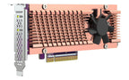 A 3D-rendered graphics card with a copper-colored heatsink, a black cooling fan, a silver PCIe bracket, and a gold PCI Express connector, shown on a plain white background.