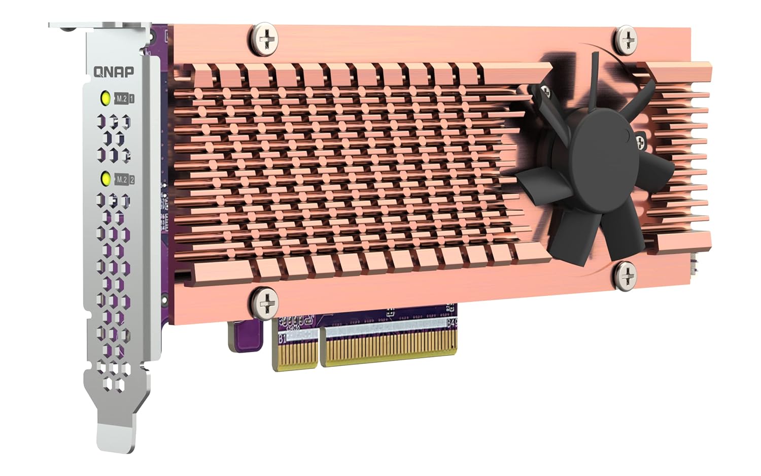 A 3D-rendered graphics card with a copper-colored heatsink, a black cooling fan, a silver PCIe bracket, and a gold PCI Express connector, shown on a plain white background.