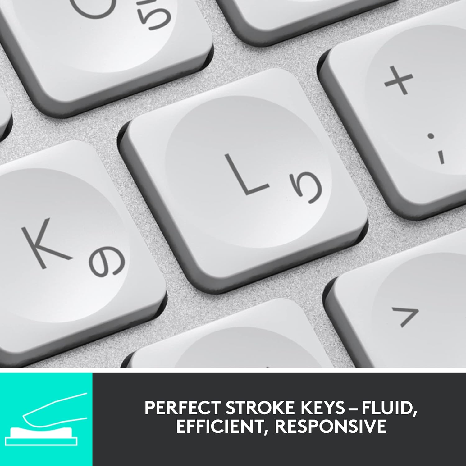 Close-up of a calculator with keys labeled 'L' and '>', and text about perfect stroke keys.