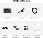 List of items included in a box with TVS-h874T, power cord, Ethernet cable, M.2 SSDs, screws, and installation guide.