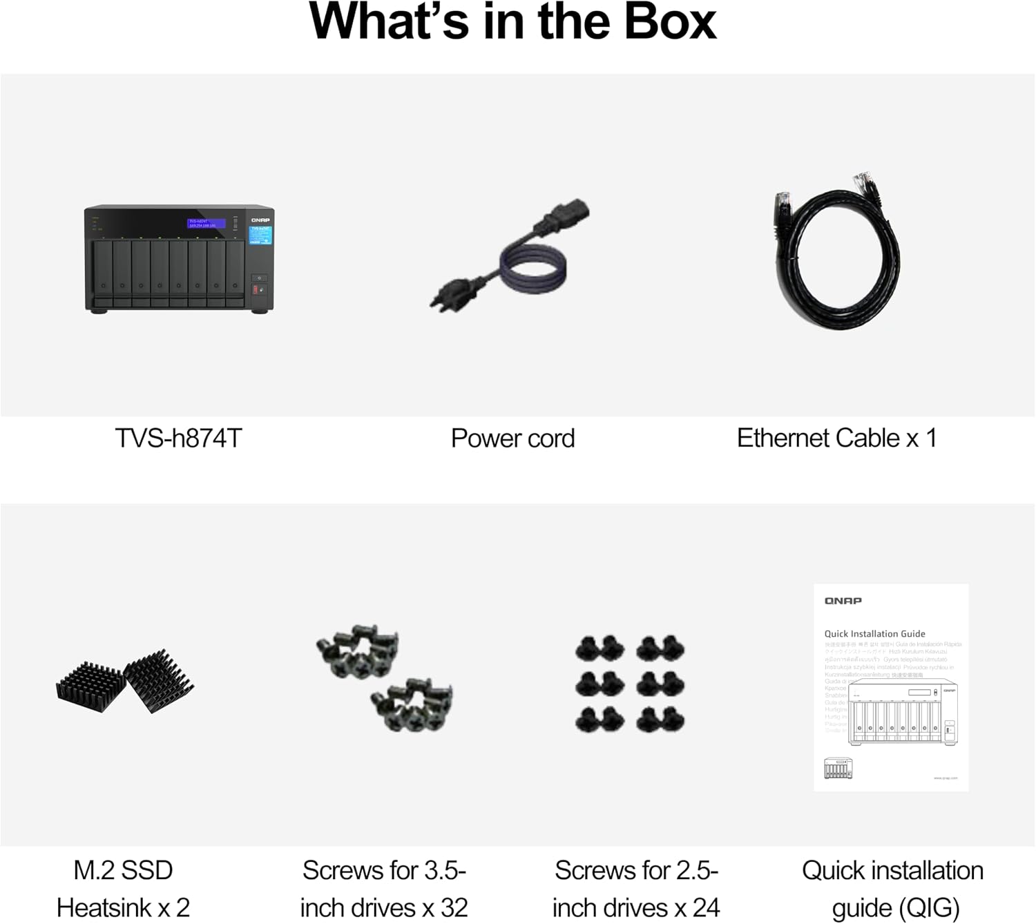 List of items included in a box with TVS-h874T, power cord, Ethernet cable, M.2 SSDs, screws, and installation guide.