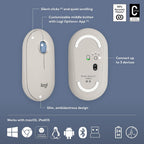 Logitech Pebble Mouse 2 with features highlighted on a blue background