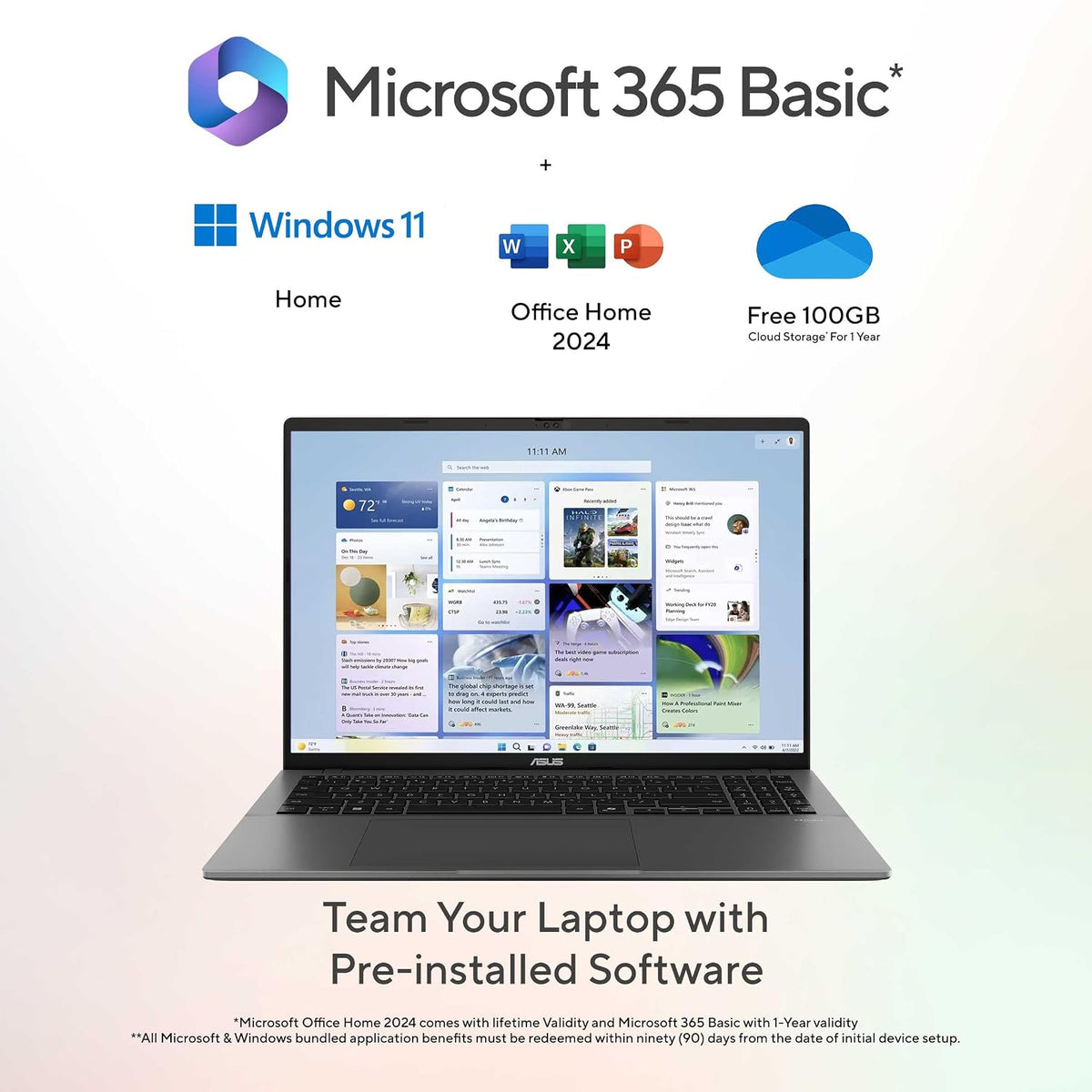 Microsoft 365 Basic laptop bundle advertisement featuring a silver laptop with pre-installed software, Windows 11, Office Home 2024, and a 100GB cloud storage plan on a light gradient background.