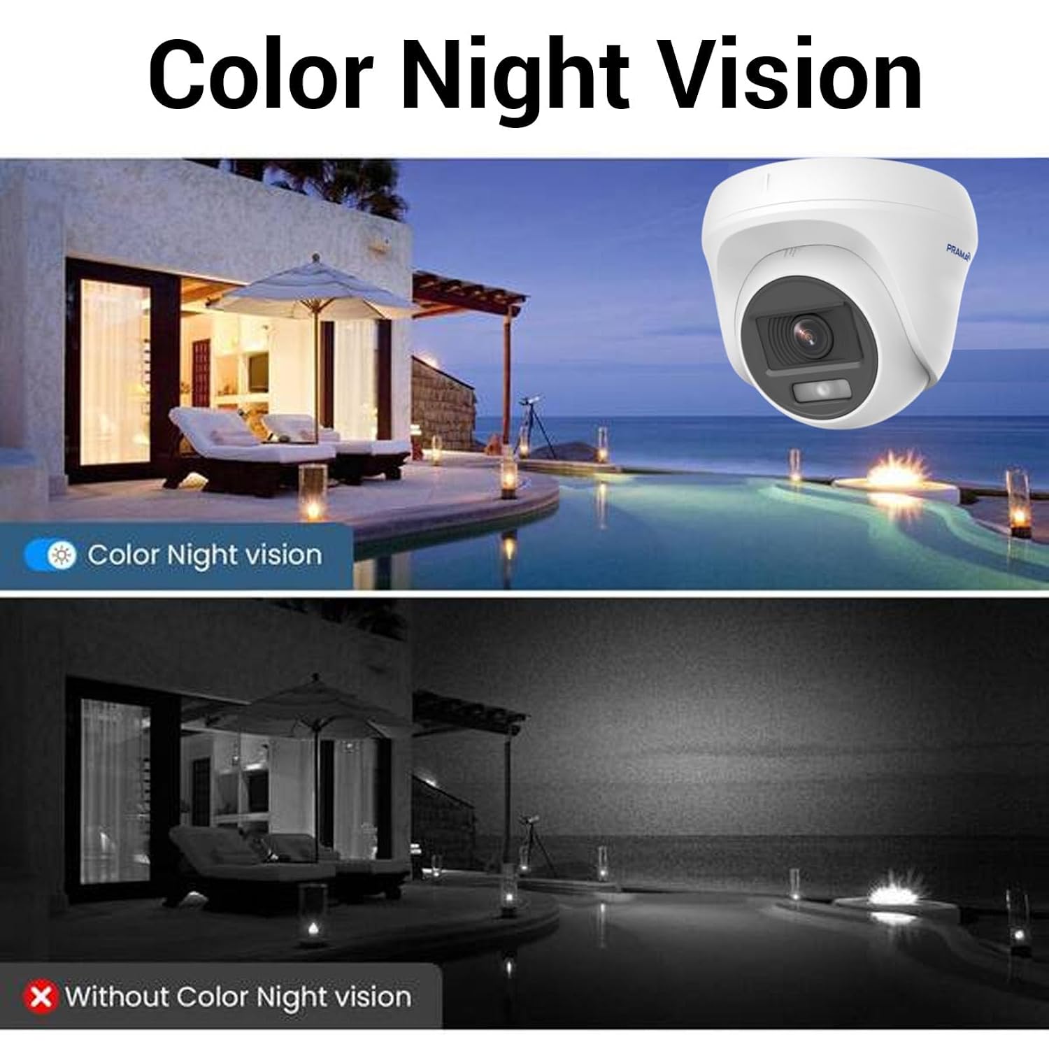 A dome security camera shown over a split comparison image demonstrating color night vision versus black-and-white night vision. The top half shows a blue evening poolside house scene with clear color detail, and the bottom half shows the same scene in grayscale without color night vision.