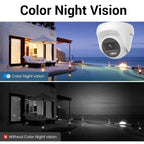 A dome security camera shown over a split comparison image demonstrating color night vision versus black-and-white night vision. The top half shows a blue evening poolside house scene with clear color detail, and the bottom half shows the same scene in grayscale without color night vision.