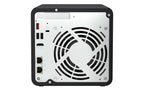 Back view of a small computer case with a cooling fan on a white background