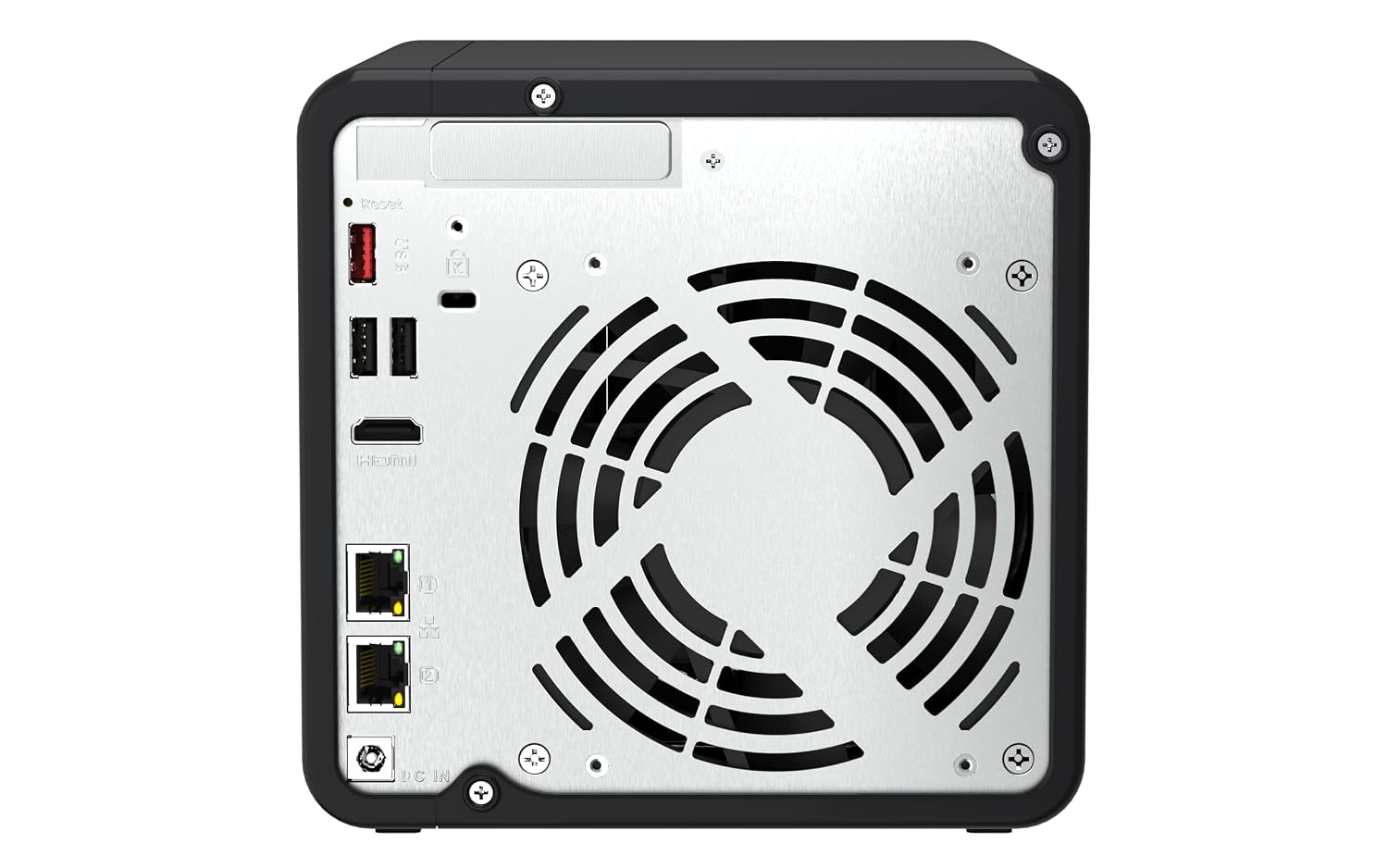 Back view of a small computer case with a cooling fan on a white background