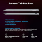 Promotional graphic for the Lenovo Tab Pen Plus on a dark gradient background, showing two views of the silver stylus with text highlighting features like low latency, pressure sensitivity, tilt detection, palm rejection, customizable functions, Bluetooth pairing, anti-lost alert, and ultra low latency.