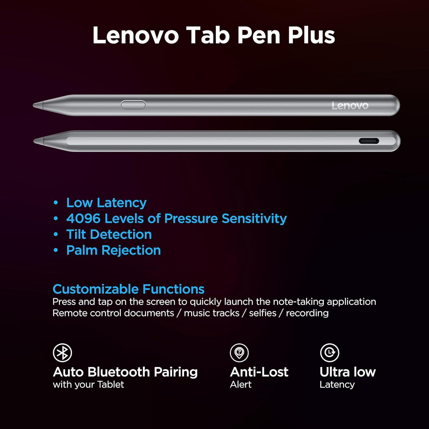Promotional graphic for the Lenovo Tab Pen Plus on a dark gradient background, showing two views of the silver stylus with text highlighting features like low latency, pressure sensitivity, tilt detection, palm rejection, customizable functions, Bluetooth pairing, anti-lost alert, and ultra low latency.