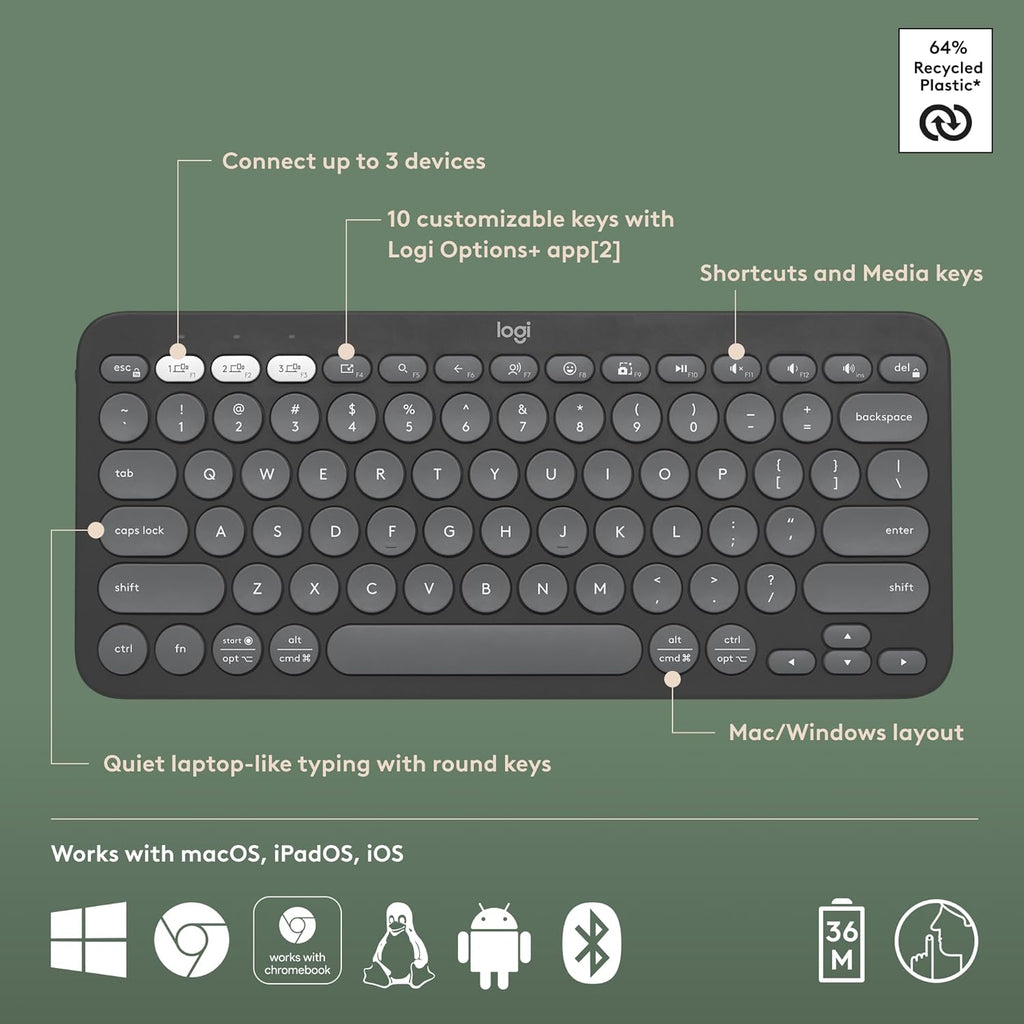 Logitech Pebble Keys 2 K380s Multi Device Bluetooth Wireless Keyboard - Tonal Graphite