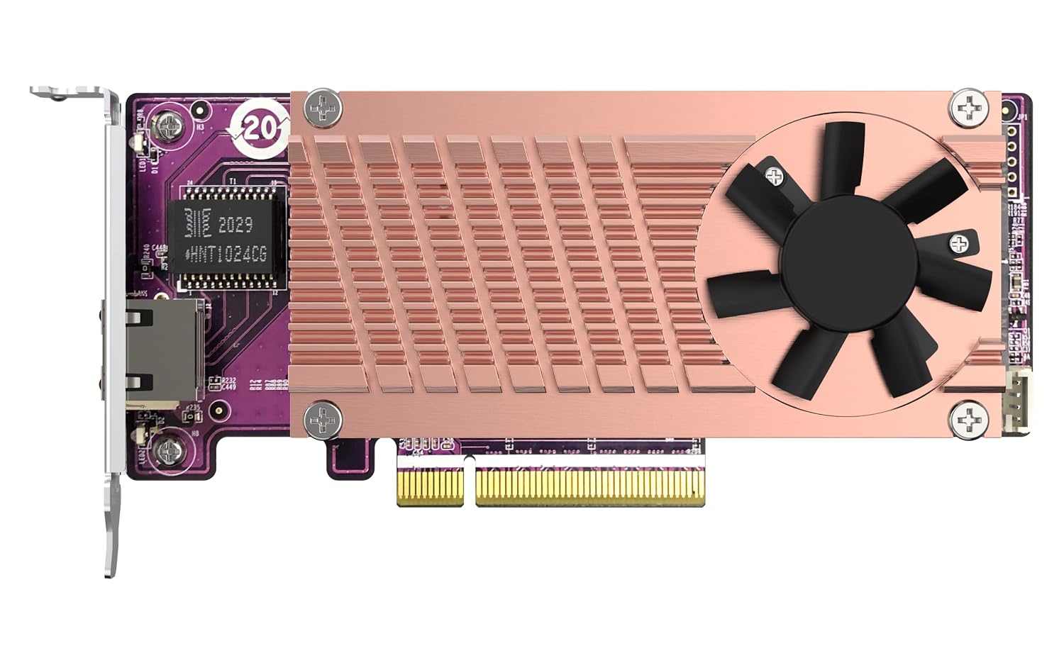 Computer graphics card with cooling fan on a white background