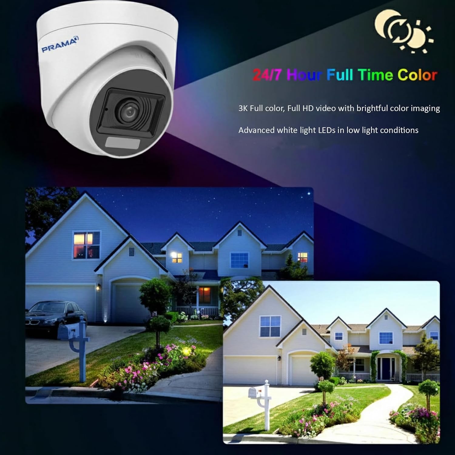 A PRAMAI dome security camera shown in a composite promotional graphic with two nighttime and two daytime residential house photos, plus text advertising 24/7 full time color and 3K full color full HD video.