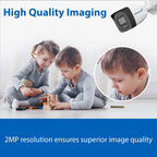 Security camera promotional graphic with the text 'High Quality Imaging' and '2MP resolution ensures superior image quality.' A white and black bullet-style camera is shown in the top right, and two children are playing with blocks on the floor in the lower left.