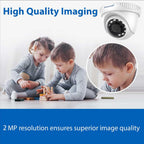 Promotional graphic for a PRAMAR dome security camera. The top right shows the white dome camera, while the rest of the image features two children playing with blocks on a floor, a circular zoomed-in inset of the boy's face, and text reading 'High Quality Imaging' and '2 MP resolution ensures superior image quality'.