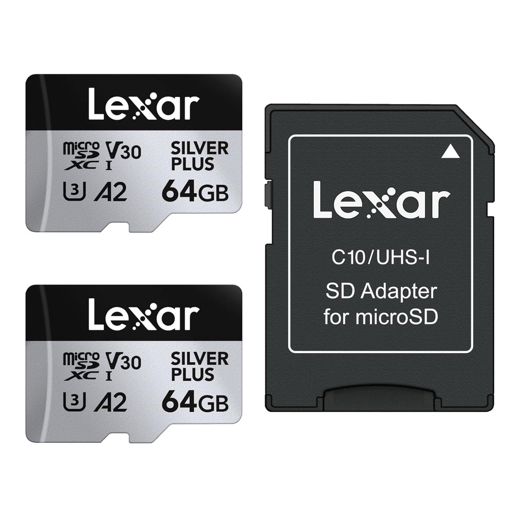 Lexar Silver PlusMicro SD Card, Microsdxc TF Card up to 205MB/s Reading, 100MB/s Write Micro SD+ Memory Card Adapter, A2, U3, Class 10, V30, Full HD and 4K UHD Video
