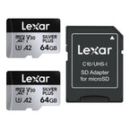 Lexar Silver PlusMicro SD Card, Microsdxc TF Card up to 205MB/s Reading, 100MB/s Write Micro SD+ Memory Card Adapter, A2, U3, Class 10, V30, Full HD and 4K UHD Video