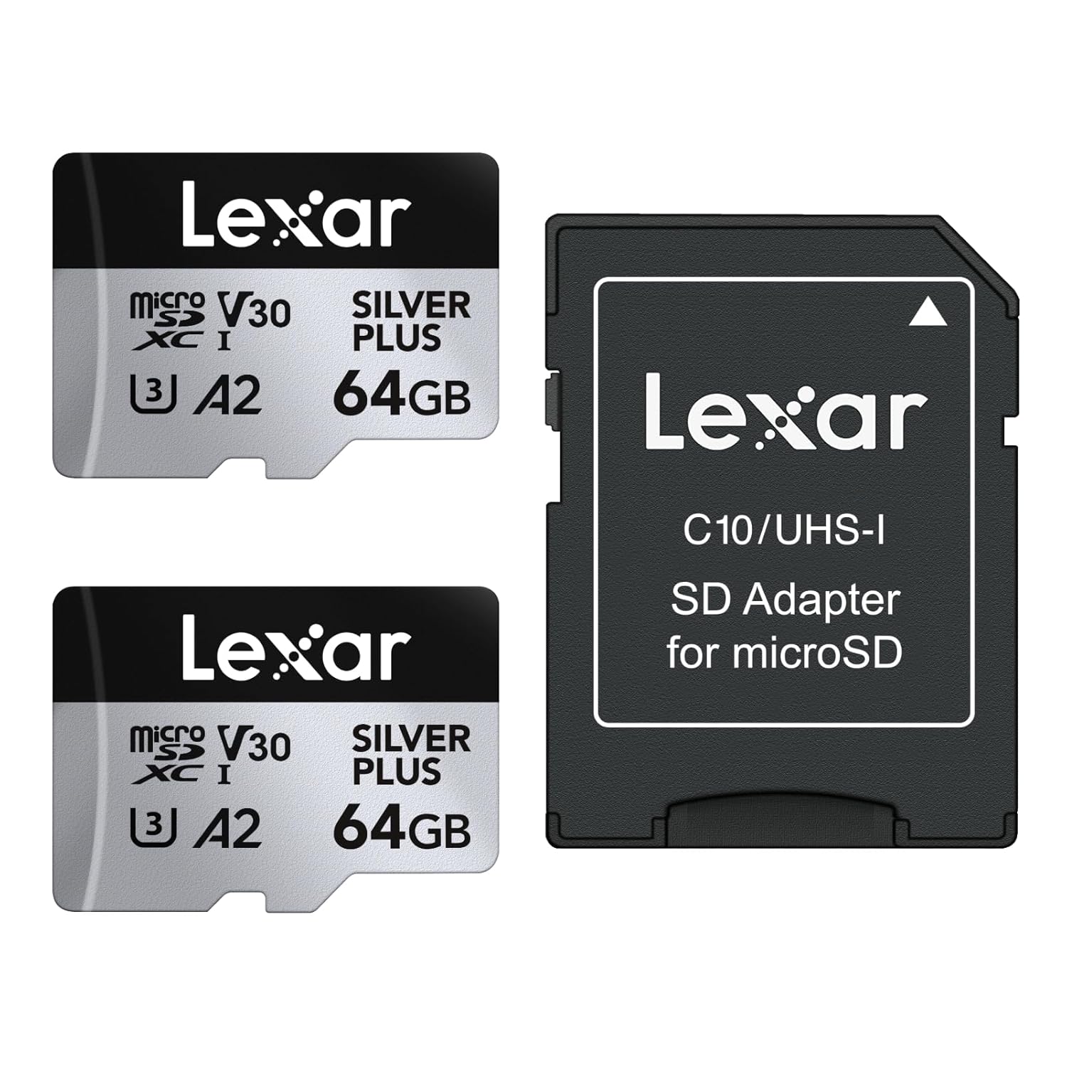 Lexar Silver PlusMicro SD Card, Microsdxc TF Card up to 205MB/s Reading, 100MB/s Write Micro SD+ Memory Card Adapter, A2, U3, Class 10, V30, Full HD and 4K UHD Video