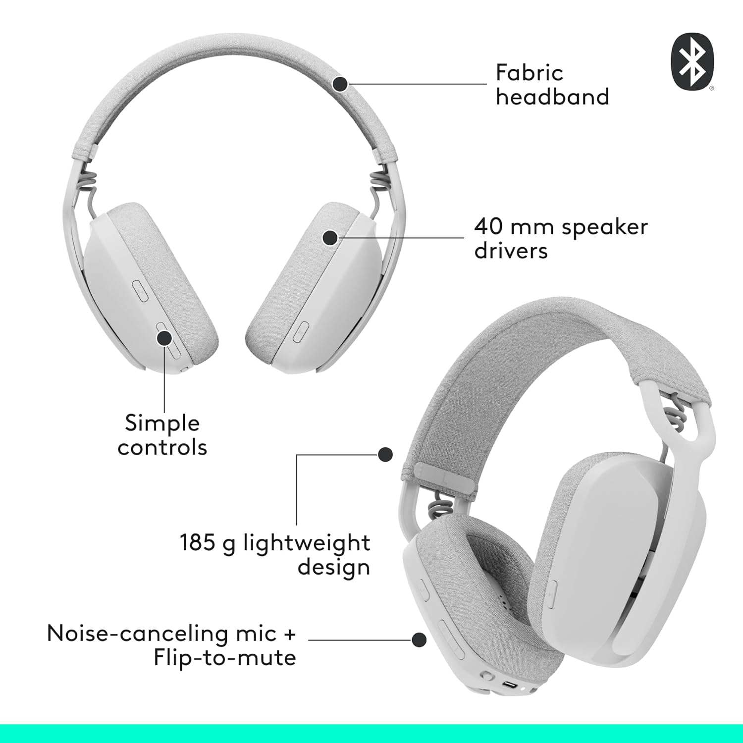 White over-ear headphones shown on a light gray background with callout labels pointing to the fabric headband, 40 mm speaker drivers, simple controls, 185 g lightweight design, noise-canceling mic, and flip-to-mute feature. A Bluetooth symbol appears in the top right.