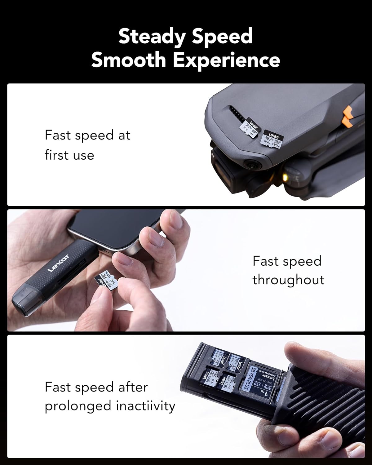 Lexar Silver PlusMicro SD Card, Microsdxc TF Card up to 205MB/s Reading, 100MB/s Write Micro SD+ Memory Card Adapter, A2, U3, Class 10, V30, Full HD and 4K UHD Video