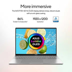ASUS laptop shown open on a clean light background with marketing text above, including 'More immersive', '16:10 FHD+ 60 Hz OLED display', '86% Screen-to-body ratio*', and '1920 x 1200 resolution'. The screen displays citrus slices over water with a large ASUS Lumina OLED badge.