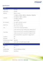 A specification table for a camera, featuring columns for Camera, Sensors, Signal System, Resolution, Frame Rate, ISO, Shutter Speed, Lens, Field of View, and Menu details. The table has a blue header with white text and a white background with a subtle yellow and green wave design at the bottom.