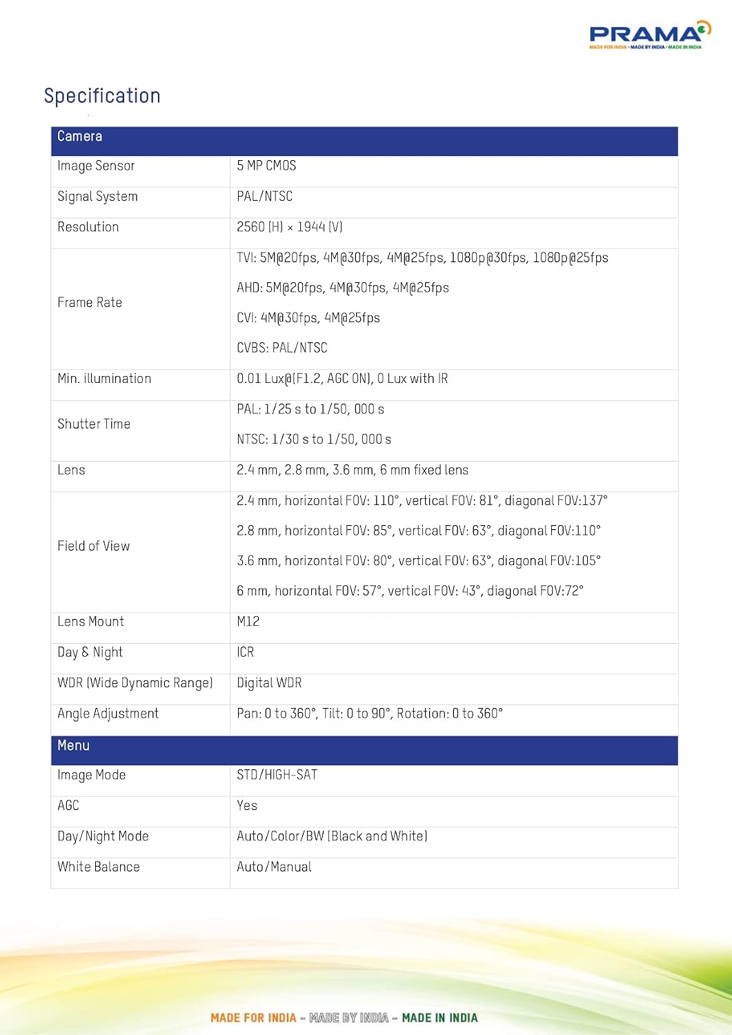 A specification table for a camera, featuring columns for Camera, Sensors, Signal System, Resolution, Frame Rate, ISO, Shutter Speed, Lens, Field of View, and Menu details. The table has a blue header with white text and a white background with a subtle yellow and green wave design at the bottom.