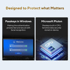 Promotional graphic with the headline 'Designed to Protect what Matters' above two dark panels. The left panel says 'Passkeys in Windows' and shows a laptop screen with a Windows login interface.